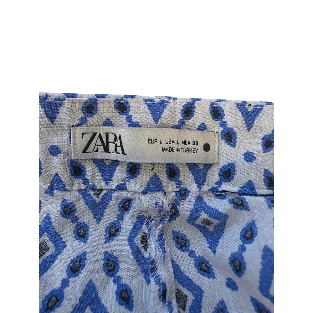 Zara Women Blue White Geometric Diamond Print Wide Leg High Rise Pants Size L - Picture 5 of 7